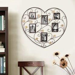 Adeco Decorative Black Iron Heart-Shape Picture Frame Collage with Scroll and Burlap Flower Design, 6 Openings, 4x6", 4x4"