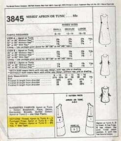 McCall's 3845 Vintage 70s Lined Apron or Tunic Sewing Pattern with Large Pockets All Sizes Can be Made in Plastic