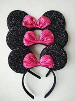 Mickey Mouse Ears Solid Black and Bow Minnie Headband for Boys and Girls Birthday Party or Celebrations (Pack of 12)