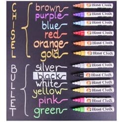 Blami Arts Chalk Markers with extra gold and silver ink. Set of 12 shiny neon liquid chalk pens with reversible bullet and chisel fine tip. Free Your Imagination with chalkboard markers Now!