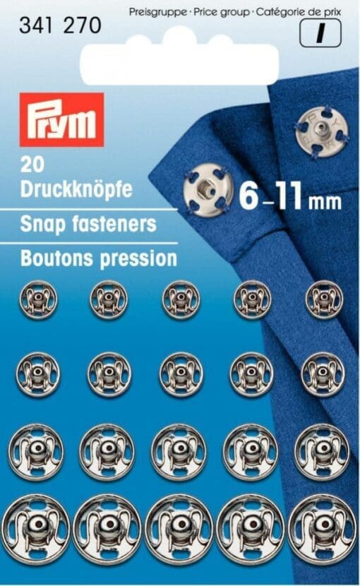Prym Assorted Size Sew On Metal Snap Fasteners 6-11mm - Art# 341270