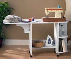Rolling Sewing Machine Craft Table Drop Leaf White Folding Desk Storage Shelves