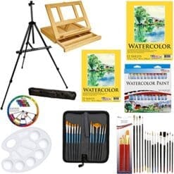 US Art Supply 69-Piece Watercolor Paint Set with Aluminum Easel, Wood Table Easel, 24 Watercolor Colors, 9"x12" Watercolor Paper Pad, 11"x14" Watercolor Paper Pad, 34 Brushes, 10-Well Pallete