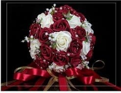 Hestian 10" Wine Red and Ivory Roses with Pearls Chain , Beautiful Ribbon Bridal Wedding Bouquet Silk Rose Hand Tie (30pcs Roses)