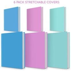 6 PACK Book Cover Sox Stretchable Durable Reusable Universal Size Fit for School or Textbook Hardback Books. Colour Book Covers