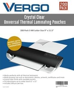 Vergo 200 PACK Universal Thermal Laminating Pouches - 3 Mil Letter Size 9" x 11.5" Lamintor Sheets Crystal Clear