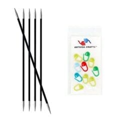 Knitter's Pride Bundle: Karbonz Double Pointed 8-inch (20cm) Knitting Needles; Size US 1 (2.25mm) + 10 Artsiga Crafts Stitch Markers 110125