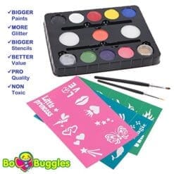 Face Paint Kit For Kids By Bo Buggles Professional: 30 Stencils, 11 Colors, Large 4g Paints, 2 Glitters, 2 Brushes, 2 Sponges. Pro-Quality Face Painting Party Set. Safe NonToxic Palette + Bonus Ebook!