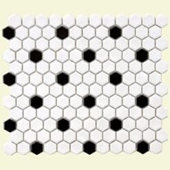 SomerTile FXLMHWBD Retro Hexagon Porcelain Mosaic Floor and Wall Tile, 10.25" x 11.75", White with Black Dot