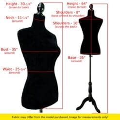 Black Female Velour-Like fabric Mannequin Dress Form (On Black Tripod Stand)