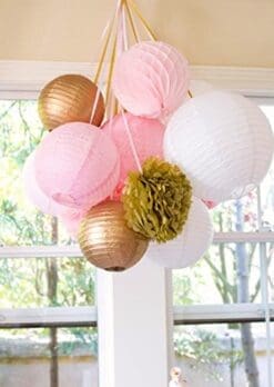 SUNBEAUTY Pack of 11 8''(20cm) Gold Pink White Paper Crafts Tissue Paper Honeycomb Balls Lanterns Paper Pom Poms Birthday Wedding Party Decoration